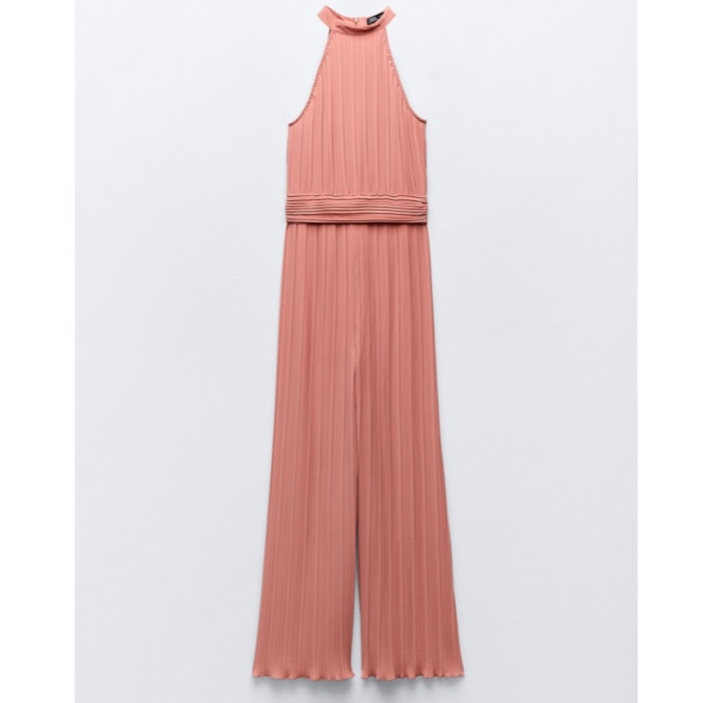 ZARA Medium Jumpsuit Pleated Halter Neck Waistband Wide Leg Trousers Pink